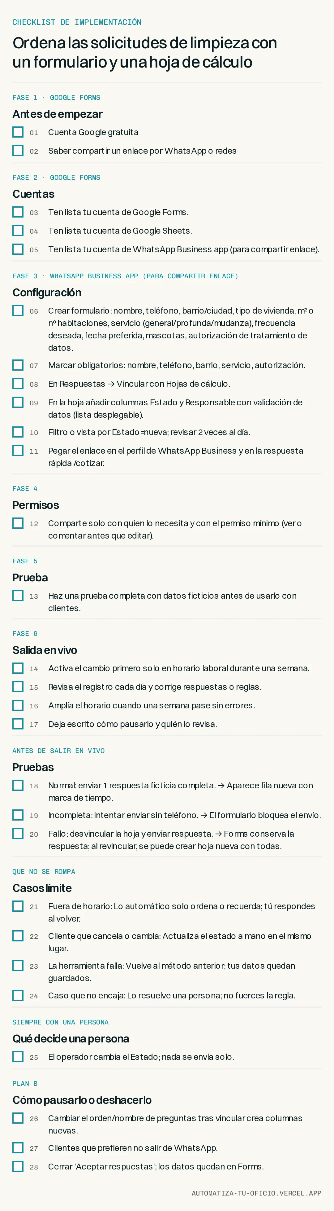 Checklist de implementación de «Ordena las solicitudes de limpieza con un formulario y una hoja de cálculo», fase por fase