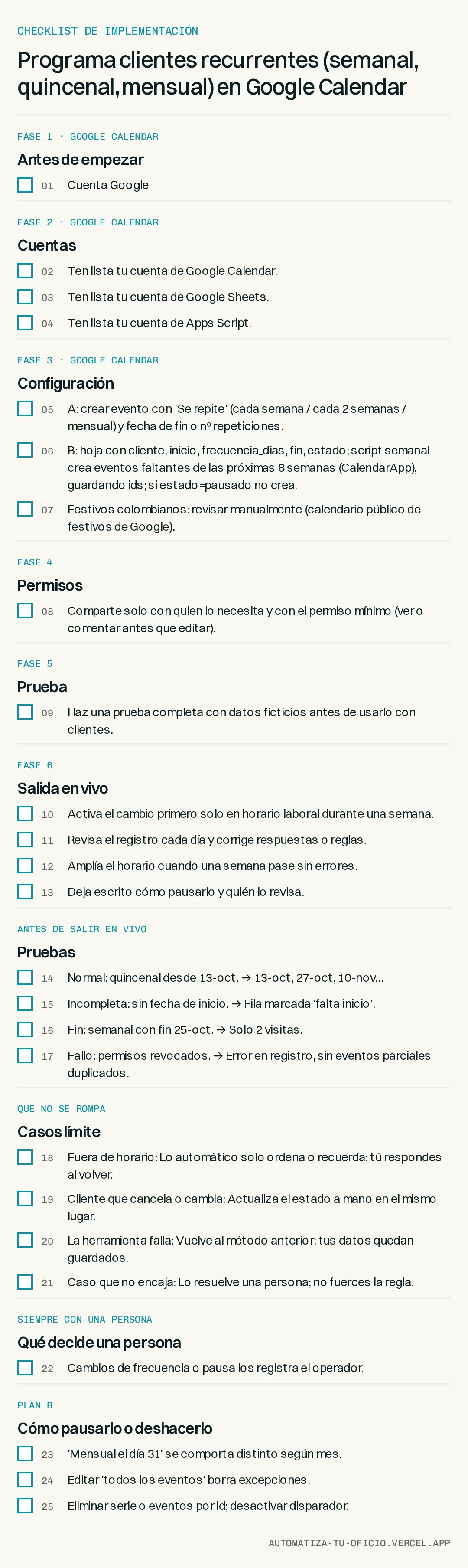 Checklist de implementación de «Programa clientes recurrentes (semanal, quincenal, mensual) en Google Calendar», fase por fase